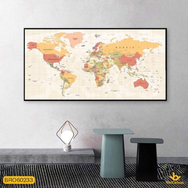 Tranh Bản Đồ Thế Giới In Canvas Đầy Đủ Các Nước Và Thủ Đô